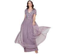 Maya Deluxe Women's V Neckline Embellished V Neck Maxi Dress Short Sleeve Empire Waist Prom Graduation Bridesmaid Wedding Guest Vestido de Dama de Honor, Moody Lilac, 28 para Mujer