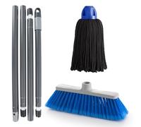 MAYA Kit Limpieza Amapola. Palo Desmontable 4 Secciones 1,40 m + Escoba Amapola + Fregona MAX Pro Hilo. Limpieza Eficiente y Duradera para Superficies Lisas. 100% Microfibra. Barrido Eficaz. (Azul)