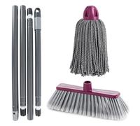 MAYA Kit Limpieza Atomic Gris. Palo Desmontable 4 Secciones 1,40 m + Escoba Antigolpes + Fregona 100% Microfibra. Limpieza Eficiente y Duradera para Superficies Lisas e Interiores. (Burdeos)