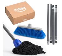 Maya - Set de Limpieza del Hogar 3 en 1, Fregona MAX Pro Hilo, Escoba Amapola y Palo Desmontable con 4 Secciones (1,4 m) | Kit para Suelos Lisos de Parqué y Vinílicos (Azul)