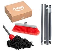Maya - Set de Limpieza para el Hogar 3 en 1, Fregona MAX Pro Hilo, Escoba Amapola y Palo Desmontable con 4 Secciones (1,4 m) | Kit para Suelos Lisos de Parqué y Vinílicos (Rojo)