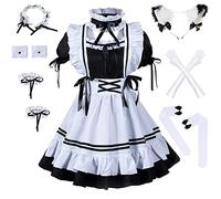 MAYAIO Anime francés Sissy Maid Delantal Lolita Fancy Dress Uniforme Cosplay Disfraz Peludo Gato Oreja Guantes Calcetines Conjunto Completo (XL, Negro)
