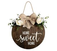 MayAvenue Home Sweet Home - Letrero Decorativo para Puerta Delantera, Letrero Redondo de Madera Colgante con Lazo de Cinta y Hojas Verdes Artificiales, decoración de Porche de Granja para el hogar,