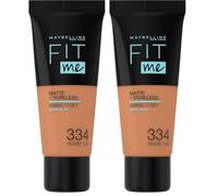 Maybelline New York, Base de Maquillaje que Calca a tu Tono Fit me! Mate y Afinaporos, Color: 334 Warm Tan (Paquete de 2)