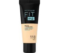 Maybelline New York Fit Me Base de Maquillaje Mate, 118 Nude | Acabado Mate, Afina Poros, Fórmula Ligera, Pieles Mixtas o Grasas, Resultado Uniforme, Fit Me