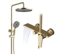 MayCon TIFO - Columna de ducha de pared dorada cepillada - Mezclador de latón macizo - Barra de ducha de acero inoxidable - Cabezal de ducha redondo ES-202-BG