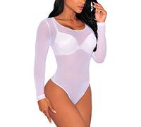 MAYFASEY Bodies sexy de malla de manga larga para mujer, mono transparente, top, maillot, 1 blanco., XL