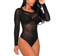 MAYFASEY Bodies sexy de malla de manga larga para mujer, mono transparente, top, maillot, 1 negro, S
