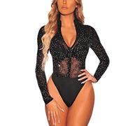 MAYFASEY Bodies sexy de malla de manga larga para mujer, mono transparente, top, maillot, D-negro., S