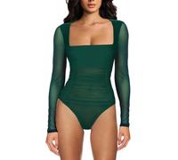 MAYFASEY Body sexy de manga larga para mujer, de malla transparente, verde, S