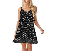 MAYFASEY Vestido de verano para mujer, con tirantes delgados, cuello en V, plisado, de gasa, mini vestidos, 02 Lunares negro, L