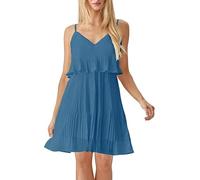 MAYFASEY Vestido de verano para mujer, con tirantes delgados, cuello en V, plisado, de gasa, mini vestidos, 01 Azul, L