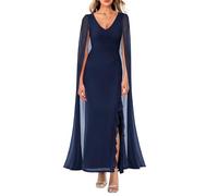 MAYFASEY Vestido formal con cuello en V para mujer, de malla, fruncido, para cóctel, fiesta de noche, graduación, vestido largo con capa, azul marino, XL