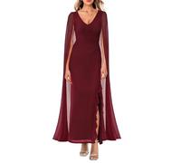 MAYFASEY Vestido formal con cuello en V para mujer, de malla, fruncido, para cóctel, fiesta de noche, graduación, vestido largo con capa, rojo vino, XXL