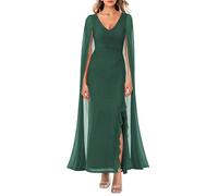 MAYFASEY Vestido formal con cuello en V para mujer, de malla, fruncido, para cóctel, fiesta de noche, graduación, vestido largo con capa, verde oscuro, XXL