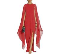 MAYFASEY - Vestido Largo Elegante de Noche para Mujer, Estilo Formal, Abertura Alta, Mangas Acampanadas, con Capa, Rojo -, Large