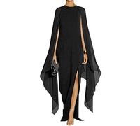 MAYFASEY - Vestido Largo Elegante de Noche para Mujer, Estilo Formal, Abertura Alta, Mangas Acampanadas, con Capa, Negro -, XL