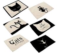 MayGreeny Juego de 6 manteles Individuales de algodón y Lino, manteles Infantiles, Lavables, Antideslizantes y fáciles de Limpiar, 42 x 32 cm Salvamanteles Individuales (Gatos Negros y Blancos)
