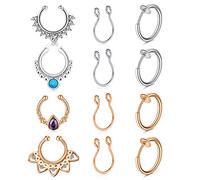 Mayhoop 12 Piezas Falso Piercing Nariz Septum Falso Anillos de Septum Acero Inoxidable Plata Oro Rosa Falso Aro Nariz sin Perforación para Hombres y Mujeres