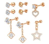 Mayhoop 16G Acero Inoxidable Lóbulo Hélix Cartílago Tragus Stud Pendientes 6mm 8mm Flat Back Diamond Labret Bar Plata Negro Oro Rosa