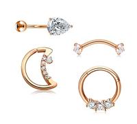 Mayhoop 16G Piercing Oreja Rook Acero Inoxidable Circón Anillo en Forma de Luna Anillo Clicker Piercings Curvados Banana Piercing Labio Ceja Ombligo Daith Conch Tragus 4 Piezas Oro Rosa