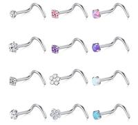 Mayhoop 20G Nose Studs Surgical Steel L Shaped Diamond Opal Nose Rings Stud Nose Screw Nose Nostrial Piercing Stud Silver Rose-Gold Black Rainbow for Women Men, Metal, circonita cúbica
