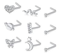 Mayhoop 20G Piercing Nariz Acero Quirurgico en forma de L con corazon Flor Mariposa Serpiente CZ Piercing de nariz 9 piezas para Mujeres Hombres Plata