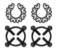 Mayhoop 4 Piezas Falso Piercing Pezón Faux Anillos de Pezón Acero Inoxidable con Flor Fake No Piercing Sin Perforación para las Mujeres y los Hombres Negro