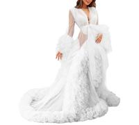 MAYILNSIN Bata de tul para mujer, vestido de maternidad, kimono, bata de baño, vestido de perspectiva, fotografía para baby shower, blanco, S