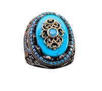 MAYIYAHO Anillos de Turquesa Vintage Anillo de Corona Turco de Piedra Azul Natural de Lujo para Hombres Mujeres Joyería Musulmana Religiosa islámica