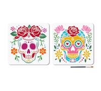 MAYJOYDIY 2 plantillas de calavera de Halloween con patrón floral de 30 x 30 cm, reutilizables, plantilla de calavera aterradora con pincel para manualidades, pintura sobre madera, manualidades