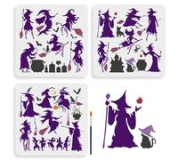 MAYJOYDIY 3 plantillas mágicas de bruja de 30 x 30 cm, plantilla de dibujo de bruja en una escoba, con pincel de pintura, castillo, manzana, tumba, murciélago, castillo, gato, plantilla de pintura