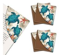 MAYJOYDIY 4 piezas de separadores de libros en forma de tortuga marina verde con estrellas de mar y coral, separadores de página de libro 9×9 cm, accesorios de libro de cuero con elementos náuticos