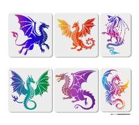MAYJOYDIY 6 plantillas reutilizables de dragón volador para pintar criaturas de fantasía mítica, plantilla de dibujo con pincel para pared, muebles, lienzo, decoración de álbumes de recortes