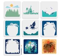 MAYJOYDIY 7 plantillas de cuento de hadas de dragón en capas de 30 x 30 cm, plantilla grande de castillo de dragón con pincel de pintura, plantilla de dibujo de caballero de hadas de ensueño para