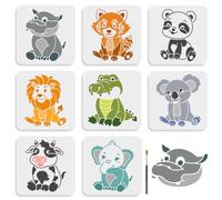 MAYJOYDIY 8 plantillas de animales de bebé de 8 x 8 pulgadas con pincel de pintura, pequeño panda, león, koala, vaca, elefante, plantilla reutilizable para pintura de animales, para madera, rocas,