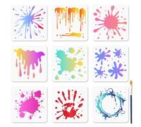 MAYJOYDIY 9 estilos de plantillas de pulverización reutilizables de 15 x 15 cm, plantillas de manchas y salpicaduras para manualidades, graffiti, arte, pintura, con pincel para suelo, pared, azulejos,