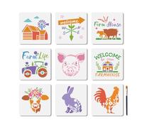 MAYJOYDIY 9 plantillas de animales de granja, cerdo, vaca, pollo, para pintar, 7.8 x 7.8 pulgadas, plantillas reutilizables de granja, plantillas de dibujo con pincel de pintura para manualidades en