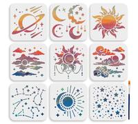 MAYJOYDIY 9 plantillas de estrellas y sol, luna, 15 x 15 cm, planeta, nubes, estrella, río, plantilla con pincel de pintura, plantilla de plástico reutilizable para pintar sobre pared de madera, tela,
