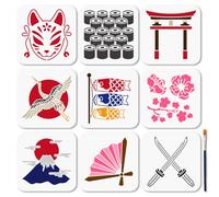 MAYJOYDIY 9 plantillas de flores de cerezo japonés samurai espada plantilla de pintura 15 × 15 cm plantilla de dibujo para sushi carpa banderas con pincel para manualidades en ventanas, paredes de