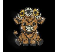 MAYJOYDIY Calcomanía de transferencia de calor con diamantes de imitación de las Tierras Altas con diseño de vaca de dibujos animados de animales con diamantes de imitación en caliente, decoración de