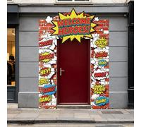 MAYJOYDIY Cartel decorativo para puerta de fotos de cómic, 1,8 x 2,6 m, ladrillo rojo, telón de fondo para fiesta, telón de fondo para fiesta de cumpleaños festiva