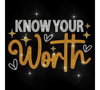 MAYJOYDIY Know Your Worth Transferencia de diamantes de imitación para planchar palabras inspiradoras Hotfix Transfer Pegatinas Corazón Brillo Decoración de Ropa Aplique para Camisa Bolsa Jeans