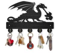 MAYJOYDIY Llavero de dragón para pared de 30 x 20 cm, estante de llaves de dragón escupiendo fuego, montado en la pared, 5 ganchos de aleación, arte decorativo de madera negra, colgador de llaves para