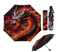 MAYJOYDIY Paraguas plegable automático Dragón de fuego 107cm Paraguas de viaje a prueba de viento Dragón malvado Llamas rojas Paraguas compactos para mujeres hombres Protección contra la lluvia del