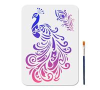 MAYJOYDIY Plantillas de pavo real con diseño de mandala y pavo real, 29,7 x 21 cm, plantillas de plástico reutilizables con pincel de pintura, plantillas de pintura de plumas para manualidades en