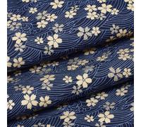MAYJOYDIY Tela de algodón azul de 1 m, 150 cm, tela japonesa Sakura para acolchar, paquetes de telas doradas con estampado de flores de cerezo y ondas, para coser ropa, bolsa, mantel, sofá, almohada,