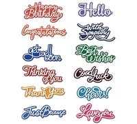 MAYJOYDIY Troqueles de metal con palabras de bendición, troqueles de corte de celebración, palabras de saludo, plantillas de metal en relieve, sentimientos, textos, troqueles de acero al carbono para