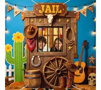 MAYJOYDIY Western Cowboy Prignis Foto Puerta Banner Decoración Jail Style Fotografía Fondo Sombrero Botas Foto Booth Props Fondo Banner con Cuerda para Colgar para Fiesta de Cumpleaños Decoración