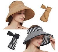 MAYLISACC 2 Paquetes Pamela Visera de Paja para Mujer, Sombrero de ala Ancha Roll Up Sombrillas Sombreros de Playa Verano Plegables para Vacaciones (Rayas Begras + Caqui)